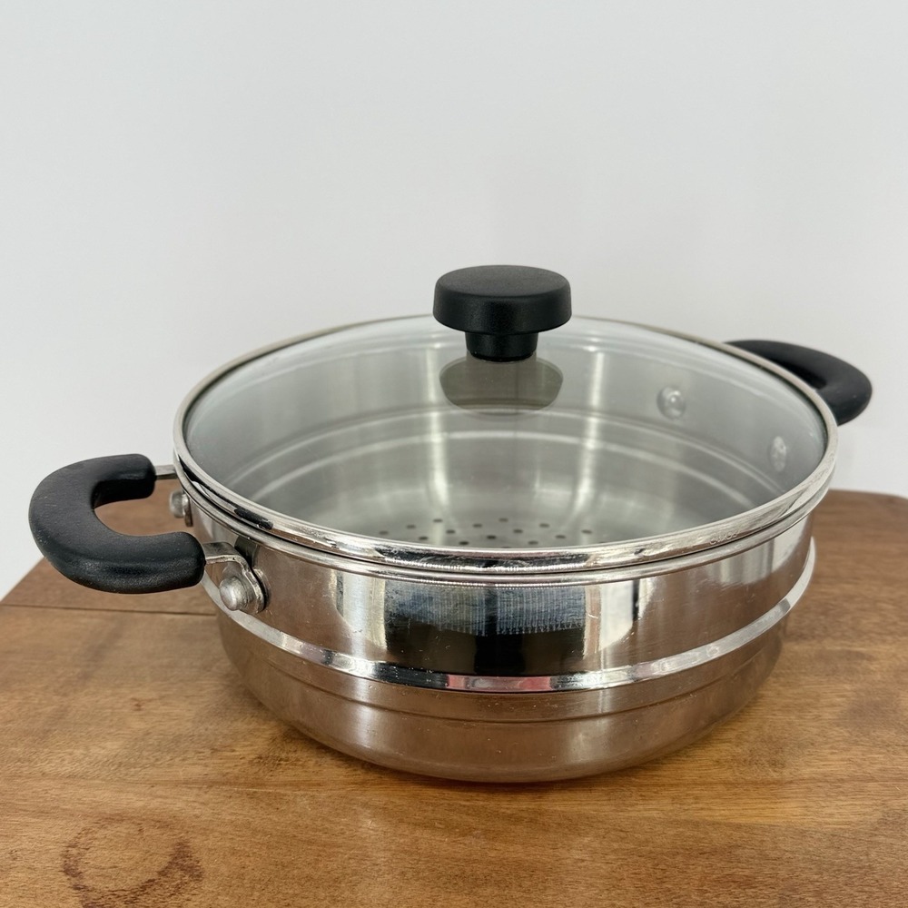 Pampered Chef Professional Cookware 10" Stainless Steamer Insert & Glass Lid